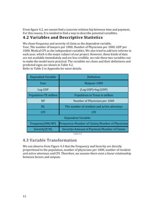 11
From figure 4.2, we cannot find a concrete relation hip between time and payment,
For this reason, It is needed to find a way to describe potential varialbles.
4.2 Variables and Descriptive Statistics
We chose frequency and severity of claim as the dependent variable,
Year, The number of lawyers per 1000, Number of Physicians per 1000, GDP per
1000, Medical CPI as the independent variables. We also tried to add tort reforms in
each year, which is the major subject of our project. However, these kinds of data
are not available immediately and are less credible, we rule these two variables out
to make the model more practical. The variables we chose and their definitions and
predicted signs are shown in Table 4.2.
Refer to Table 2 in Appendix for more details.
Dependent Variable Definition
Year Malyear-1989
Log GDP (Log GDP)=log (GDP)
Population-TX million Population in Texas in million
NP Number of Physicians per 1000
NL The number of resident and active attorneys
CPI CPI
Dependent Variable:
Frequency(NM/NP) Frequency=Number of Claims/Number of Physicians
Severity(P/N) Severity=Amount of Payment/Number of Claims
Table 4.1
4.3 Variable Transformation
We can observe from Figure 4.3 that the Frequency and Severity are directly
proportional to the population, number of physicians per 1000, number of resident
and active attorneys and CPI. Therefore, we assume there exist a linear relationship
between factors and outputs.
 