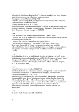 22
is found to be fault free and a defendant’s share exceeds 10%, and when damages
result from environmental pollution or hazardous waste.
Prejudgment Interest Reform: SB 6 (1987).
Limits the period during which prejudgment interest may accrue if the defendant
has made an offer to settle the lawsuit.
Punitive Damages Reform: SB 5 (1987).
Requires a plaintiff to show that a defendant’s actions were fraudulent, malicious,
or grossly negligent. Limits the award of punitive damages to the greater of four
times the amount of actual damages or $200,000.
1989
Rural Health Care Act: HB 18 - Effective September 1, 1989 (1989)
▪ requires that juries be instructed that a bad medical outcome does not necessarily
justify a finding of negligence;
▪ requires that expert witnesses be practicing physicians;
▪ indemnifies physicians with a case load of 10% or more charity cases.
Note: under the Act, OB-GYN's and emergency room physicians would be
indemnified for the first $100,000 and all physicians meeting the patient load, risk
management and insurance requirements would be indemnified for the first
$25,000.
1990
Medical Liability Reform: Wrongful Death: Tex. Rev. Civ. Stat. art. 4590i § 11.02.
Limits damages in wrongful death actions to $500,000. The statute originally limited
damages in all negligence actions, but the Texas Supreme Court held it
unconstitutional except as to wrongful death actions in Rose v. Doctors Hospital,
801 S.W.2d 841 (Tex. 1990)
1993
Forum Non Conveniens Doctrine: SB 2 (1993).
Reinstates the forum non conveniens doctrine, which permits a court to decline to
hear a case if justice would be better served by trying the case elsewhere.
Product Liability Reform: SB 4 (1993).
Requires proof of an economically and technologically feasible safer alternative
design available at the time of manufacture in most product liability actions for
defective design. Provides a defense for manufacturers and sellers of inherently
unsafe products that are known to be unsafe. Establishes a fifteen‑year statute of
repose for product liability actions against manufacturers or sellers of
manufacturing equipment. Provides protection for innocent retailers and
wholesalers.
1995
Deceptive Trade Practices Act: HB 668 (1995)
 