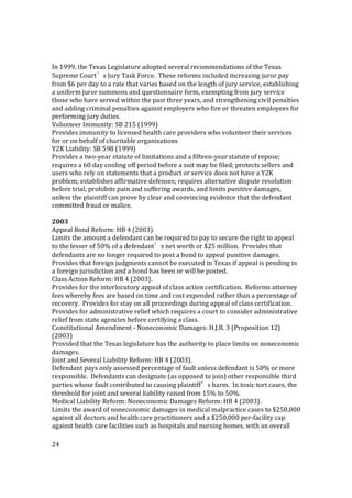 24
In 1999, the Texas Legislature adopted several recommendations of the Texas
Supreme Court’s Jury Task Force. These reforms included increasing juror pay
from $6 per day to a rate that varies based on the length of jury service, establishing
a uniform juror summons and questionnaire form, exempting from jury service
those who have served within the past three years, and strengthening civil penalties
and adding criminal penalties against employers who fire or threaten employees for
performing jury duties.
Volunteer Immunity: SB 215 (1999)
Provides immunity to licensed health care providers who volunteer their services
for or on behalf of charitable organizations
Y2K Liability: SB 598 (1999)
Provides a two-year statute of limitations and a fifteen-year statute of repose;
requires a 60 day cooling off period before a suit may be filed; protects sellers and
users who rely on statements that a product or service does not have a Y2K
problem; establishes affirmative defenses; requires alternative dispute resolution
before trial; prohibits pain and suffering awards, and limits punitive damages,
unless the plaintiff can prove by clear and convincing evidence that the defendant
committed fraud or malice.
2003
Appeal Bond Reform: HB 4 (2003).
Limits the amount a defendant can be required to pay to secure the right to appeal
to the lesser of 50% of a defendant’s net worth or $25 million. Provides that
defendants are no longer required to post a bond to appeal punitive damages.
Provides that foreign judgments cannot be executed in Texas if appeal is pending in
a foreign jurisdiction and a bond has been or will be posted.
Class Action Reform: HB 4 (2003).
Provides for the interlocutory appeal of class action certification. Reforms attorney
fees whereby fees are based on time and cost expended rather than a percentage of
recovery. Provides for stay on all proceedings during appeal of class certification.
Provides for administrative relief which requires a court to consider administrative
relief from state agencies before certifying a class.
Constitutional Amendment - Noneconomic Damages: H.J.R. 3 (Proposition 12)
(2003)
Provided that the Texas legislature has the authority to place limits on noneconomic
damages.
Joint and Several Liability Reform: HB 4 (2003).
Defendant pays only assessed percentage of fault unless defendant is 50% or more
responsible. Defendants can designate (as opposed to join) other responsible third
parties whose fault contributed to causing plaintiff’s harm. In toxic tort cases, the
threshold for joint and several liability raised from 15% to 50%.
Medical Liability Reform: Noneconomic Damages Reform: HB 4 (2003).
Limits the award of noneconomic damages in medical malpractice cases to $250,000
against all doctors and health care practitioners and a $250,000 per-facility cap
against health care facilities such as hospitals and nursing homes, with an overall
 