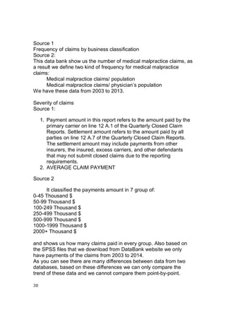 30
Source 1
Frequency of claims by business classification
Source 2:
This data bank show us the number of medical malpractice claims, as
a result we define two kind of frequency for medical malpractice
claims:
Medical malpractice claims/ population
Medical malpractice claims/ physician’s population
We have these data from 2003 to 2013.
Severity of claims
Source 1:
1. Payment amount in this report refers to the amount paid by the
primary carrier on line 12 A.1 of the Quarterly Closed Claim
Reports. Settlement amount refers to the amount paid by all
parties on line 12 A.7 of the Quarterly Closed Claim Reports.
The settlement amount may include payments from other
insurers, the insured, excess carriers, and other defendants
that may not submit closed claims due to the reporting
requirements.
2. AVERAGE CLAIM PAYMENT
Source 2
It classified the payments amount in 7 group of:
0-45 Thousand $
50-99 Thousand $
100-249 Thousand $
250-499 Thousand $
500-999 Thousand $
1000-1999 Thousand $
2000+ Thousand $
and shows us how many claims paid in every group. Also based on
the SPSS files that we download from DataBank website we only
have payments of the claims from 2003 to 2014.
As you can see there are many differences between data from two
databases, based on these differences we can only compare the
trend of these data and we cannot compare them point-by-point.
 