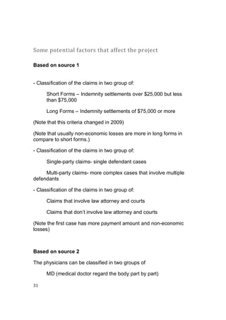 31
Some potential factors that affect the project
Based on source 1
- Classification of the claims in two group of:
Short Forms – Indemnity settlements over $25,000 but less
than $75,000
Long Forms – Indemnity settlements of $75,000 or more
(Note that this criteria changed in 2009)
(Note that usually non-economic losses are more in long forms in
compare to short forms.)
- Classification of the claims in two group of:
Single-party claims- single defendant cases
Multi-party claims- more complex cases that involve multiple
defendants
- Classification of the claims in two group of:
Claims that involve law attorney and courts
Claims that don’t involve law attorney and courts
(Note the first case has more payment amount and non-economic
losses)
Based on source 2
The physicians can be classified in two groups of
MD (medical doctor regard the body part by part)
 
