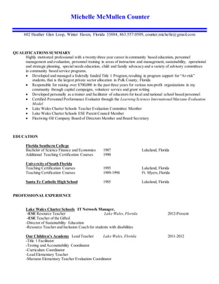 Michelle McMullen Counter
602 Heather Glen Loop, Winter Haven, Florida 33884, 863.557.0509, counter.michelle@gmail.com
QUALIFICATIONS SUMMARY
Highly motivated professional with a twenty-three year career in community based education, personnel
management and evaluation, personnel training in areas of instruction and management, sustainability, operational
and strategic planning, special needs education, child and family advocacy and a variety of advisory committees
in community based service programs.
 Developed and managed a federally funded Title 1 Program,resulting in program support for “At-risk”
students, that is the largest private sector allocation in Polk County, Florida
 Responsible for raising over $700,000 in the past three years for various non-profit organizations in my
community through capital campaigns, volunteer service and grant writing
 Developed personally as a trainer and facilitator of educators for local and national school based personnel
 Certified PersonnelPerformance Evaluator through the Learning Sciences International/Marzano Evaluation
Model
 Lake Wales Charter Schools Teacher Evaluation Committee Member
 Lake Wales Charter Schools ESE Parent Council Member
 Fleetwing Oil Company Board of Directors Member and Board Secretary
EDUCATION
Florida Southern College
Bachelor of Science Finance and Economics 1987 Lakeland, Florida
Additional Teaching Certification Courses 1990
University ofSouth Florida
Teaching Certification Courses 1995 Lakeland, Florida
Teaching Certification Courses 1989-1994 Ft. Myers,Florida
Santa Fe Catholic High School 1985 Lakeland, Florida
PROFESSIONAL EXPERIENCE
Lake Wales Charter Schools IT Network Manager,
-ESE Resource Teacher Lake Wales,Florida 2012-Present
-ESE Teacher of the Gifted
-Director of Sustainability Education
-Resource Teacher and Inclusion Coach for students with disabilities
Our Children’s Academy Lead Teacher Lake Wales, Florida 2011-2012
-Title 1 Facilitator
-Testing and Accountability Coordinator
-Curriculum Coordinator
-Lead Elementary Teacher
-Marzano Elementary Teacher Evaluation Coordinator
 