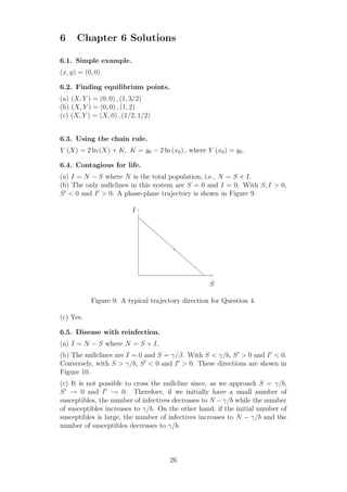 6 Chapter 6 Solutions
6.1. Simple example.
(x, y) = (0, 0)
6.2. Finding equilibrium points.
(a) (X, Y ) = (0, 0) , (1, 3/2)
(b) (X, Y ) = (0, 0) , (1, 2)
(c) (X, Y ) = (X, 0) , (1/2, 1/2)
6.3. Using the chain rule.
Y (X) = 2 ln (X) + K, K = y0 − 2 ln (x0) , where Y (x0) = y0.
6.4. Contagious for life.
(a) I = N − S where N is the total population, i.e., N = S + I.
(b) The only nullclines in this system are S = 0 and I = 0. With S, I > 0,
S′
< 0 and I′
> 0. A phase-plane trajectory is shown in Figure 9.
S
I
Figure 9: A typical trajectory direction for Question 4.
(c) Yes.
6.5. Disease with reinfection.
(a) I = N − S where N = S + I.
(b) The nullclines are I = 0 and S = γ/β. With S < γ/b, S′
> 0 and I′
< 0.
Conversely, with S > γ/b, S′
< 0 and I′
> 0. These directions are shown in
Figure 10.
(c) It is not possible to cross the nullcline since, as we approach S = γ/b,
S′
→ 0 and I′
→ 0. Therefore, if we initially have a small number of
susceptibles, the number of infectives decreases to N −γ/b while the number
of susceptibles increases to γ/b. On the other hand, if the initial number of
susceptibles is large, the number of infectives increases to N − γ/b and the
number of susceptibles decreases to γ/b.
26
 
