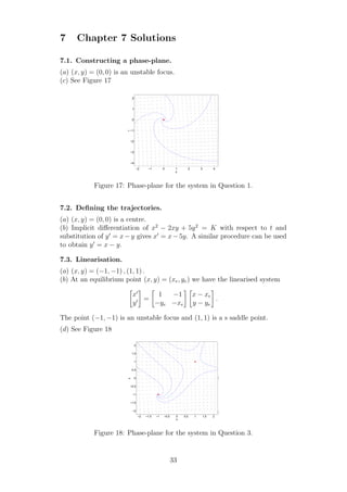 7 Chapter 7 Solutions
7.1. Constructing a phase-plane.
(a) (x, y) = (0, 0) is an unstable focus.
(c) See Figure 17
−2 −1 0 1 2 3 4
−4
−3
−2
−1
0
1
2
x
y
Figure 17: Phase-plane for the system in Question 1.
7.2. Deﬁning the trajectories.
(a) (x, y) = (0, 0) is a centre.
(b) Implicit diﬀerentiation of x2
− 2xy + 5y2
= K with respect to t and
substitution of y′
= x−y gives x′
= x−5y. A similar procedure can be used
to obtain y′
= x − y.
7.3. Linearisation.
(a) (x, y) = (−1, −1) , (1, 1) .
(b) At an equilibrium point (x, y) = (xe, ye) we have the linearised system
x′
y′ =
1 −1
−ye −xe
x − xe
y − ye
.
The point (−1, −1) is an unstable focus and (1, 1) is a s saddle point.
(d) See Figure 18
−2 −1.5 −1 −0.5 0 0.5 1 1.5 2
−2
−1.5
−1
−0.5
0
0.5
1
1.5
2
x
y
Figure 18: Phase-plane for the system in Question 3.
33
 