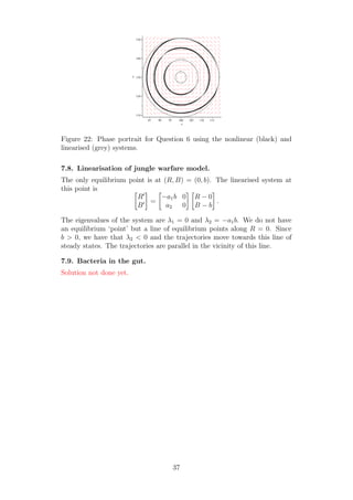 x
85 90 95 100 105 110 115
y
110
120
130
140
150
Figure 22: Phase portrait for Question 6 using the nonlinear (black) and
linearised (grey) systems.
7.8. Linearisation of jungle warfare model.
The only equilibrium point is at (R, B) = (0, b). The linearised system at
this point is
R′
B′ =
−a1b 0
a2 0
R − 0
B − b
.
The eigenvalues of the system are λ1 = 0 and λ2 = −a1b. We do not have
an equilibrium ‘point’ but a line of equilibrium points along R = 0. Since
b > 0, we have that λ2 < 0 and the trajectories move towards this line of
steady states. The trajectories are parallel in the vicinity of this line.
7.9. Bacteria in the gut.
Solution not done yet.
37
 