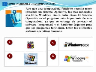 CÓMO INGRESAR A UNA COMPUTADORA
Para que una computadora funcione necesita tener
instalado un Sistema Operativo, los más conocidos
son DOS, Windows, Linux, entre otros. El Sistema
Operativo es el programa más importante de una
computadora, ya que se encarga de conectar el
software (programas) y el hardware (equipo) para
que los programas funcionen. Entre los diferentes
sistemas operativos tenemos:
3
 