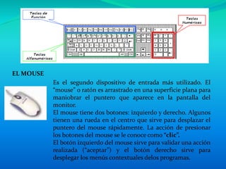 EL MOUSE
Es el segundo dispositivo de entrada más utilizado. El
“mouse” o ratón es arrastrado en una superficie plana para
maniobrar el puntero que aparece en la pantalla del
monitor.
El mouse tiene dos botones: izquierdo y derecho. Algunos
tienen una rueda en el centro que sirve para desplazar el
puntero del mouse rápidamente. La acción de presionar
los botones del mouse se le conoce como “clic”.
El botón izquierdo del mouse sirve para validar una acción
realizada (“aceptar”) y el botón derecho sirve para
desplegar los menús contextuales delos programas.
 