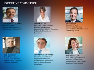 ABHIJIT BHATTACHARYA
Born 1961, Indian
Executive Vice President &
Chief Financial Officer (CFO)
SOPHIE BECHU
Born 1960, French/American
Executive Vice President
Responsibilities: Chief of Operations,
Order to Cash Excellence,
Procurement
JEAN BOTTI
Born 1957, French
Executive Vice President
Responsibilities: Chief Innovation
and Strategy officer.
ROB CASCELLA
Born 1954, American
Executive Vice President
Responsibilities: Diagnosis &
Treatment Businesses
MARNIX VAN GINNEKEN
Born 1973, Dutch/American
Executive Vice President
Responsibilities: Chief Legal
Officer, General Secretary,
Compliance
DENISE HAYLOR
Born 1964, English/American
Executive Vice President
Responsibilities: Chief Human
Resources Officer, Culture
EXECUTIVE COMMITTEE
 