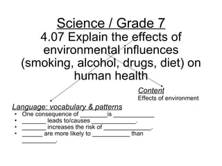 Science / Grade 7 4.07 Explain the effects of environmental influences (smoking, alcohol, drugs, diet) on human health Language: vocabulary & patterns One consequence of ________is ____________ _______ leads to/causes  _____________. _______ increases the risk of ______________. ______ are more likely to ___________ than __________ . Content Effects of environment 