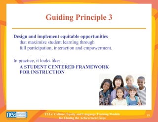 Guiding Principle 3

Design and implement equitable opportunities
  that maximize student learning through
  full participation, interaction and empowerment.

In practice, it looks like:
   A STUDENT CENTERED FRAMEWORK
   FOR INSTRUCTION




               ELLs: Culture, Equity and Language Training Module   19
                        for Closing the Achievement Gaps
 