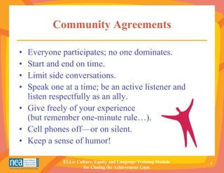 Community Agreements

• Everyone participates; no one dominates.
• Start and end on time.
• Limit side conversations.
• Speak one at a time; be an active listener and
  listen respectfully as an ally.
• Give freely of your experience
  (but remember one-minute rule…).
• Cell phones off—or on silent.
• Keep a sense of humor!

            ELLs: Culture, Equity and Language Training Module   4
                     for Closing the Achievement Gaps
 