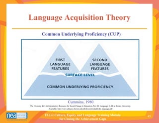Language Acquisition Theory
             Common Underlying Proficiency (CUP)




                                            Cummins, 1980
The Diversity Kit: An Introductory Resource for Social Change in Education, Part III: Language. LAB at Brown University.
                      Available: http://www.alliance.brown.edu/tdl/diversitykitpdfs/dk_language.pdf


                 ELLs: Culture, Equity and Language Training Module                                                        45
                          for Closing the Achievement Gaps
 