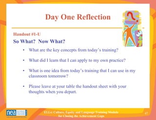 Day One Reflection

Handout #1-U
So What? Now What?
    • What are the key concepts from today’s training?

    • What did I learn that I can apply to my own practice?

    • What is one idea from today’s training that I can use in my
      classroom tomorrow?

    • Please leave at your table the handout sheet with your
      thoughts when you depart.



               ELLs: Culture, Equity and Language Training Module   47
                        for Closing the Achievement Gaps
 