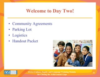 Welcome to Day Two!

•   Community Agreements
•   Parking Lot
•   Logistics
•   Handout Packet




           ELLs: Culture, Equity and Language Training Module   48
                    for Closing the Achievement Gaps
 