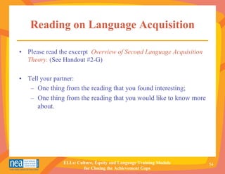 Reading on Language Acquisition

• Please read the excerpt Overview of Second Language Acquisition
  Theory. (See Handout #2-G)

• Tell your partner:
   – One thing from the reading that you found interesting;
   – One thing from the reading that you would like to know more
      about.




               ELLs: Culture, Equity and Language Training Module   54
                        for Closing the Achievement Gaps
 