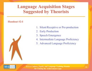 Language Acquisition Stages
         Suggested by Theorists

Handout #2-I

                          1.   Silent/Receptive or Pre-production
                          2.   Early Production
                          3.   Speech Emergence
                          4.   Intermediate Language Proficiency
                          5.   Advanced Language Proficiency




               ELLs: Culture, Equity and Language Training Module   60
                        for Closing the Achievement Gaps
 