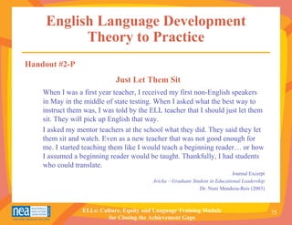 English Language Development
           Theory to Practice
Handout #2-P
                             Just Let Them Sit
    When I was a first year teacher, I received my first non-English speakers
    in May in the middle of state testing. When I asked what the best way to
    instruct them was, I was told by the ELL teacher that I should just let them
    sit. They will pick up English that way.
    I asked my mentor teachers at the school what they did. They said they let
    them sit and watch. Even as a new teacher that was not good enough for
    me. I started teaching them like I would teach a beginning reader… or how
    I assumed a beginning reader would be taught. Thankfully, I had students
    who could translate.
                                                                              Journal Excerpt
                                          Aricka – Graduate Student in Educational Leadership
                                                               Dr. Noni Mendoza-Reis (2003)



                 ELLs: Culture, Equity and Language Training Module                             75
                          for Closing the Achievement Gaps
 
