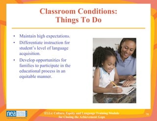 Classroom Conditions:
                  Things To Do
• Maintain high expectations.
• Differentiate instruction for
  student’s level of language
  acquisition.
• Develop opportunities for
  families to participate in the
  educational process in an
  equitable manner.




                 ELLs: Culture, Equity and Language Training Module   78
                          for Closing the Achievement Gaps
 