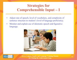 Strategies for
           Comprehensible Input – I
• Adjust rate of speech, level of vocabulary, and complexity of
  sentence structure to student’s level of language proficiency.
• Monitor and explain use of idiomatic speech and figurative
  language.




                ELLs: Culture, Equity and Language Training Module   93
                         for Closing the Achievement Gaps
 