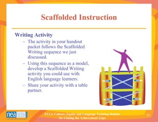 Scaffolded Instruction

Writing Activity
   – The activity in your handout
     packet follows the Scaffolded
     Writing sequence we just
     discussed.
   – Using this sequence as a model,
     develop a Scaffolded Writing
     activity you could use with
     English language learners.
   – Share your activity with a table
     partner.



              ELLs: Culture, Equity and Language Training Module   97
                       for Closing the Achievement Gaps
 