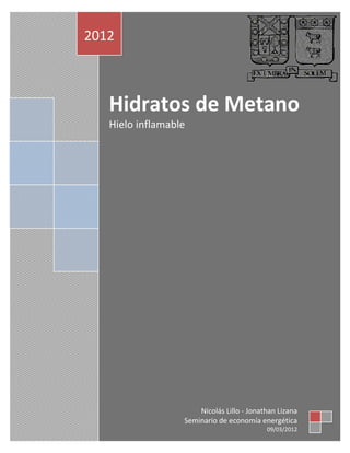 2012



   Hidratos de Metano
   Hielo inflamable




                      Nicolás Lillo - Jonathan Lizana
                  Seminario de economía energética
                                           09/03/2012
 
