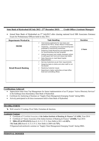 State Bank of Hyderabad (02 July 2012 - 27th
December 2015) Credit Officer (Assistant Manager)
• Joined State Bank of Hyderabad on 2nd
July2012 after clearing national level SBI Associates Entrance
Exam for Probationary Officers held in July 2011.
Certifications Achieved:
• Appreciation letter from Top Management for fastest implementation of an IT project “Active Directory Services”
in the Gulbarga Zone (Karnataka), State Bank of Hyderabad.
• Certificate for Anchoring of Seminar on “Supply Chain Management-Emerging Trends” during MBA.
• Actively participated in all chess tournaments held in State Bank of Hyderabad.
MS-Office FORTE
 Well versed in V Lookup, Pivot Table, Formulaes & functions.
Academic Contour
ϒ Certificate of “Certified Associate of the Indian Institute of Banking & Finance” (CAIIB), Year-2014.
ϒ Certificate of “Junior Associate of the Indian Institute of Banking & Finance” (JAIIB), Year-2014.
ϒ MBA (IT & FINANCE) from G. G. S. I. P. U, New Delhi in 2011 with 82%.
ϒ B. Tech. (IT) from G. G. S. I. P. U, New Delhi in 2009 with 72%.
ϒ Organised and anchored a seminar on “Supply Chain Management-Emerging Trends” during MBA.
PERSONAL DOSSIER
Departments Worked in Task Handling Duration
MSME
 Interviewing applicants for new loans and
advances for Micro, Small, Medium Enterprises.
 Inspecting , processing and recommending loan
proposals to sanctioning authorities
 Preparing Credit Monitoring and appraisal data
for recommending the loan proposal
 Visiting borrowers and initiate necessary action
to safe guard lent fund and reduce bad debts.
 Data Cleansing to meet Basel Capital
Requirements.
2 Years
Retail Branch Banking
 Serving Customers as per their requirements
 Assigning tasks to clerks and other staff to run
the branch
 Resolving Customer issues
 Reporting to higher authorities at head office
level and controlling offices
 
