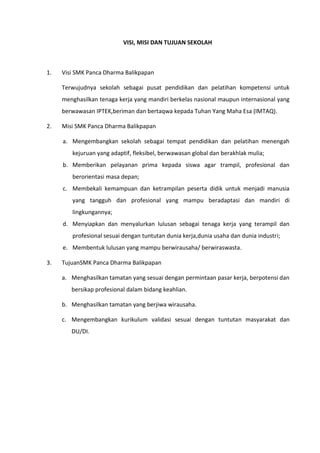 VISI, MISI DAN TUJUAN SEKOLAH
1. Visi SMK Panca Dharma Balikpapan
Terwujudnya sekolah sebagai pusat pendidikan dan pelatihan kompetensi untuk
menghasilkan tenaga kerja yang mandiri berkelas nasional maupun internasional yang
berwawasan IPTEK,beriman dan bertaqwa kepada Tuhan Yang Maha Esa (IMTAQ).
2. Misi SMK Panca Dharma Balikpapan
a. Mengembangkan sekolah sebagai tempat pendidikan dan pelatihan menengah
kejuruan yang adaptif, fleksibel, berwawasan global dan berakhlak mulia;
b. Memberikan pelayanan prima kepada siswa agar trampil, profesional dan
berorientasi masa depan;
c. Membekali kemampuan dan ketrampilan peserta didik untuk menjadi manusia
yang tangguh dan profesional yang mampu beradaptasi dan mandiri di
lingkungannya;
d. Menyiapkan dan menyalurkan lulusan sebagai tenaga kerja yang terampil dan
profesional sesuai dengan tuntutan dunia kerja,dunia usaha dan dunia industri;
e. Membentuk lulusan yang mampu berwirausaha/ berwiraswasta.
3. TujuanSMK Panca Dharma Balikpapan
a. Menghasilkan tamatan yang sesuai dengan permintaan pasar kerja, berpotensi dan
bersikap profesional dalam bidang keahlian.
b. Menghasilkan tamatan yang berjiwa wirausaha.
c. Mengembangkan kurikulum validasi sesuai dengan tuntutan masyarakat dan
DU/DI.
 