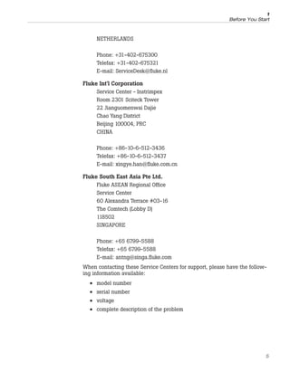 NETHERLANDS
Phone: +31-402-675300
Telefax: +31-402-675321
E-mail: ServiceDesk@fluke.nl
Fluke Int'l Corporation
Service Center - Instrimpex
Room 2301 Sciteck Tower
22 Jianguomenwai Dajie
Chao Yang District
Beijing 100004, PRC
CHINA
Phone: +86-10-6-512-3436
Telefax: +86-10-6-512-3437
E-mail: xingye.han@fluke.com.cn
Fluke South East Asia Pte Ltd.
Fluke ASEAN Regional Office
Service Center
60 Alexandra Terrace #03-16
The Comtech (Lobby D)
118502
SINGAPORE
Phone: +65 6799-5588
Telefax: +65 6799-5588
E-mail: antng@singa.fluke.com
When contacting these Service Centers for support, please have the follow-
ing information available:
• model number
• serial number
• voltage
• complete description of the problem
5
1
Before You Start
 