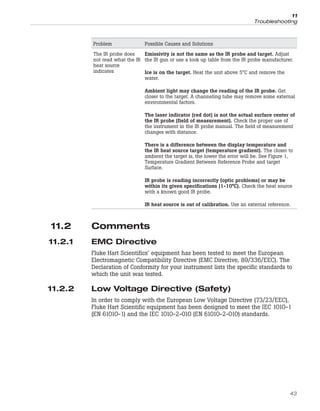 Problem Possible Causes and Solutions
The IR probe does
not read what the IR
heat source
indicates
Emissivity is not the same as the IR probe and target. Adjust
the IR gun or use a look up table from the IR probe manufacturer.
Ice is on the target. Heat the unit above 5°C and remove the
water.
Ambient light may change the reading of the IR probe. Get
closer to the target. A channeling tube may remove some external
environmental factors.
The laser indicator (red dot) is not the actual surface center of
the IR probe (field of measurement). Check the proper use of
the instrument in the IR probe manual. The field of measurement
changes with distance.
There is a difference between the display temperature and
the IR heat source target (temperature gradient). The closer to
ambient the target is, the lower the error will be. See Figure 1,
Temperature Gradient Between Reference Probe and target
Surface.
IR probe is reading incorrectly (optic problems) or may be
within its given specifications (1-10°C). Check the heat source
with a known good IR probe.
IR heat source is out of calibration. Use an external reference.
11.2 Comments
11.2.1 EMC Directive
Fluke Hart Scientifics’ equipment has been tested to meet the European
Electromagnetic Compatibility Directive (EMC Directive, 89/336/EEC). The
Declaration of Conformity for your instrument lists the specific standards to
which the unit was tested.
11.2.2 Low Voltage Directive (Safety)
In order to comply with the European Low Voltage Directive (73/23/EEC),
Fluke Hart Scientific equipment has been designed to meet the IEC 1010-1
(EN 61010-1) and the IEC 1010-2-010 (EN 61010-2-010) standards.
43
11
Troubleshooting
 