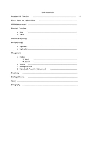 Table of Contents
Introduction & Objectives ……………………………………………………………………………………………….. 1 - 2
History of Past and Present Illness ……………………………………………………………………………………
PEARSON Assessment ……………………………………………………………………………………………………………..
Diagnostic Procedure:
a. Ideal …………………………………………………………………………………………………………….
b. Actual …………………………………………………………………………………………………………….
Anatomy & Physiology …………………………………………………………………………………………………………….
Pathophysiology:
a. Algorithm …………………………………………………………………………………………………………….
b. Explanation…………………………………………………………………………………………………………….
Management:
a. Medical
 Ideal …………………………………………………………………………………………………
 Actual …………………………………………………………………………………………………
b. Surgical ……………………………………………………………………………………………………………..
c. Nursing Care Plan …………………………………………………………………………………………………
d. Promotive & Preventive Management …………………………………………………………..
Drug Study …………………………………………………………………………………………………………………………..
Discharge Planning ………………………………………………………………………………………………………………
Update ………………………………………………………………………………………………………………………………………..
Bibliography ……………………………………………………………………………………………………………………………
 