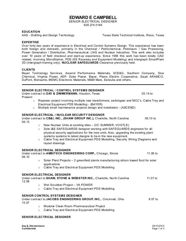 eec resume 08132015 electrical designer resumes