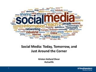 1
Social Media: Today, Tomorrow, and
Just Around the Corner
Kristen Holland Shear
#utswlife
 
