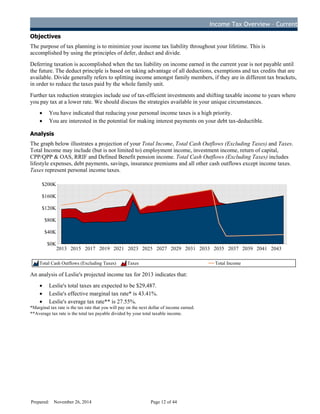 Income Tax Overview – Current
I n c o me Ta x
Objectives
The purpose of tax planning is to minimize your income tax liability throughout your lifetime. This is
accomplished by using the principles of defer, deduct and divide.
Deferring taxation is accomplished when the tax liability on income earned in the current year is not payable until
the future. The deduct principle is based on taking advantage of all deductions, exemptions and tax credits that are
available. Divide generally refers to splitting income amongst family members, if they are in different tax brackets,
in order to reduce the taxes paid by the whole family unit.
Further tax reduction strategies include use of tax-efficient investments and shifting taxable income to years where
you pay tax at a lower rate. We should discuss the strategies available in your unique circumstances.
· You have indicated that reducing your personal income taxes is a high priority.
· You are interested in the potential for making interest payments on your debt tax-deductible.
Analysis
The graph below illustrates a projection of your Total Income, Total Cash Outflows (Excluding Taxes) and Taxes.
Total Income may include (but is not limited to) employment income, investment income, return of capital,
CPP/QPP & OAS, RRIF and Defined Benefit pension income. Total Cash Outflows (Excluding Taxes) includes
lifestyle expenses, debt payments, savings, insurance premiums and all other cash outflows except income taxes.
Taxes represent personal income taxes.
2013 2015 2017 2019 2021 2023 2025 2027 2029 2031 2033 2035 2037 2039 2041 2043
$0K
$40K
$80K
$120K
$160K
$200K
Total Cash Outflows (Excluding Taxes) Taxes Total Income
An analysis of Leslie's projected income tax for 2013 indicates that:
· Leslie's total taxes are expected to be $29,487.
· Leslie's effective marginal tax rate* is 43.41%.
· Leslie's average tax rate** is 27.55%.
*Marginal tax rate is the tax rate that you will pay on the next dollar of income earned.
**Average tax rate is the total tax payable divided by your total taxable income.
Prepared: November 26, 2014 Page 12 of 44
D
R
AFT
 