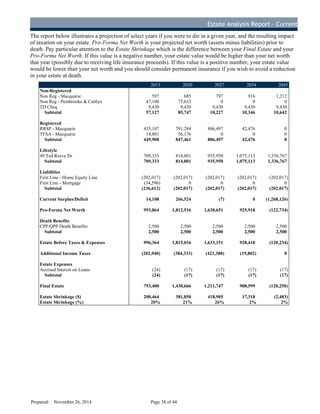 Estate Analysis Report – Current
The report below illustrates a projection of select years if you were to die in a given year, and the resulting impact
of taxation on your estate. Pro-Forma Net Worth is your projected net worth (assets minus liabilities) prior to
death. Pay particular attention to the Estate Shrinkage which is the difference between your Final Estate and your
Pro-Forma Net Worth. If this value is a negative number, your estate value would be higher than your net worth
that year (possibly due to receiving life insurance proceeds). If this value is a positive number, your estate value
would be lower than your net worth and you should consider permanent insurance if you wish to avoid a reduction
in your estate at death.
2013 2020 2027 2034 2045
Non-Registered
Non Reg - Macquarie 597 685 797 916 1,212
Non Reg - Pembrooke & Caitlyn 47,100 75,632 0 0 0
TD Cheq 9,430 9,430 9,430 9,430 9,430
Subtotal 57,127 85,747 10,227 10,346 10,642
Registered
RRSP - Macquarie 435,107 791,284 886,497 42,476 0
TFSA - Macquarie 14,801 56,176 0 0 0
Subtotal 449,908 847,461 886,497 42,476 0
Lifestyle
49 Ted Reeve Dr 709,333 814,801 935,950 1,075,113 1,336,767
Subtotal 709,333 814,801 935,950 1,075,113 1,336,767
Liabilities
First Line - Home Equity Line (202,017) (202,017) (202,017) (202,017) (202,017)
First Line - Mortgage (34,596) 0 0 0 0
Subtotal (236,612) (202,017) (202,017) (202,017) (202,017)
Current Surplus/Deficit 14,108 266,524 (7) 0 (1,268,126)
Pro-Forma Net Worth 993,864 1,812,516 1,630,651 925,918 (122,734)
Death Benefits
CPP/QPP Death Benefits 2,500 2,500 2,500 2,500 2,500
Subtotal 2,500 2,500 2,500 2,500 2,500
Estate Before Taxes & Expenses 996,364 1,815,016 1,633,151 928,418 (120,234)
Additional Income Taxes (202,940) (384,333) (421,388) (19,802) 0
Estate Expenses
Accrued Interest on Loans (24) (17) (17) (17) (17)
Subtotal (24) (17) (17) (17) (17)
Final Estate 793,400 1,430,666 1,211,747 908,599 (120,250)
Estate Shrinkage ($) 200,464 381,850 418,905 17,318 (2,483)
Estate Shrinkage (%) 20% 21% 26% 2% 2%
Prepared: November 26, 2014 Page 34 of 44
D
R
AFT
 