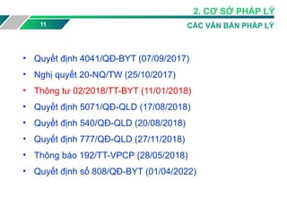 • Quyết định 4041/QĐ-BYT (07/09/2017)
• Nghị quyết 20-NQ/TW (25/10/2017)
• Thông tư 02/2018/TT-BYT (11/01/2018)
• Quyết định 5071/QĐ-QLD (17/08/2018)
• Quyết định 540/QĐ-QLD (20/08/2018)
• Quyết định 777/QĐ-QLD (27/11/2018)
• Thông báo 192/TT-VPCP (28/05/2018)
• Quyết định số 808/QĐ-BYT (01/04/2022)
11 CÁC VĂN BẢN PHÁP LÝ
2. CƠ SỞ PHÁP LÝ
 