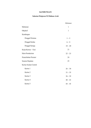 KANDUNGAN

               Sukatan Pelajaran 913 Bahasa Arab



                                                   Halaman

Matlamat                                                1

Objektif                                                1

Kandungan

   Penggal Pertama                                  1        5

   Penggal Kedua                                    6        9

   Penggal Ketiga                                  10        20

Kerja Kursus   Esei                                     21

Skim Pentaksiran                                   22        23

Pemerihalan Prestasi                                    24

Senarai Rujukan                                         25

Kertas Soalan Contoh

   Kertas 1                                        26        30

   Kertas 2                                        31        35

   Kertas 3                                        36        39

   Kertas 4                                        40        43

   Kertas 5                                        44        45




                               4
 