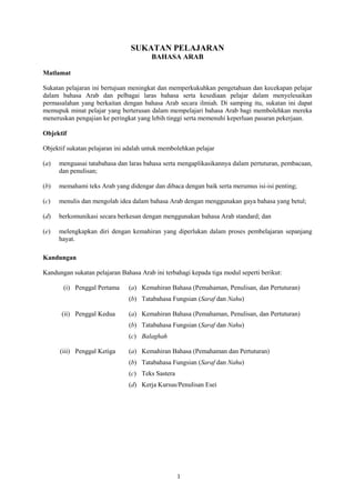 SUKATAN PELAJARAN
                                        BAHASA ARAB

Matlamat

Sukatan pelajaran ini bertujuan meningkat dan memperkukuhkan pengetahuan dan kecekapan pelajar
dalam bahasa Arab dan pelbagai laras bahasa serta kesediaan pelajar dalam menyelesaikan
permasalahan yang berkaitan dengan bahasa Arab secara ilmiah. Di samping itu, sukatan ini dapat
memupuk minat pelajar yang berterusan dalam mempelajari bahasa Arab bagi membolehkan mereka
meneruskan pengajian ke peringkat yang lebih tinggi serta memenuhi keperluan pasaran pekerjaan.

Objektif

Objektif sukatan pelajaran ini adalah untuk membolehkan pelajar

(a)   menguasai tatabahasa dan laras bahasa serta mengaplikasikannya dalam pertuturan, pembacaan,
      dan penulisan;

(b)   memahami teks Arab yang didengar dan dibaca dengan baik serta merumus isi-isi penting;

(c)   menulis dan mengolah idea dalam bahasa Arab dengan menggunakan gaya bahasa yang betul;

(d)   berkomunikasi secara berkesan dengan menggunakan bahasa Arab standard; dan

(e)   melengkapkan diri dengan kemahiran yang diperlukan dalam proses pembelajaran sepanjang
      hayat.

Kandungan

Kandungan sukatan pelajaran Bahasa Arab ini terbahagi kepada tiga modul seperti berikut:

       (i) Penggal Pertama     (a) Kemahiran Bahasa (Pemahaman, Penulisan, dan Pertuturan)
                               (b) Tatabahasa Fungsian (Saraf dan Nahu)

      (ii) Penggal Kedua       (a) Kemahiran Bahasa (Pemahaman, Penulisan, dan Pertuturan)
                               (b) Tatabahasa Fungsian (Saraf dan Nahu)
                               (c) Balaghah

      (iii) Penggal Ketiga     (a) Kemahiran Bahasa (Pemahaman dan Pertuturan)
                               (b) Tatabahasa Fungsian (Saraf dan Nahu)
                               (c) Teks Sastera
                               (d) Kerja Kursus/Penulisan Esei




                                                  1
 