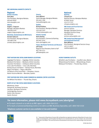 FIRST NATIONS RBC ROYAL BANK BRANCH LOCATIONS
Hagwilget First Nation — Hagwilget, British Columbia
Westbank First Nation — Westbank, British Columbia
Tzeachten First Nation — Chilliwack, British Columbia
Cross Lake First Nation — Cross Lake, Manitoba	
Norway House Cree Nation — Norway House, Manitoba
Peguis First Nation — Peguis, Manitoba
Six Nations of the Grand River — Ohsweken, Ontario
Nation Huronne-Wendat — Wendake, Quebec
FIRST NATIONS RBC ROYAL BANK COMMERCIAL BANKING CENTRE LOCATIONS
Fort William First Nation — Thunder Bay, Ontario
NORTH OF 60° RBC ROYAL BANK BRANCH LOCATIONS
Whitehorse, Yukon
Yellowknife, Northwest Territories
Hay River, Northwest Territories
Cambridge Bay, Nunavut
Rankin Inlet, Nunavut
Iqaluit, Nunavut
RBC ABORIGINAL MARKETS CONTACTS
Regional
British Columbia
Doris Bear
Vice-President, Aboriginal Markets
604-665-9830
doris.bear@rbc.com
Alberta
Angela L. Ferguson
Manager, Aboriginal Markets
780-409-7678
angela.l.ferguson@rbc.com
Manitoba, Saskatchewan  NW Ontario
Annette Sabourin
Vice-President, Aboriginal Markets
204-988-5706
annette.sabourin@rbc.com
® / ™
Trademark(s) ofRoyalBankofCanada. RBCand RoyalBankare registered trademarksofRoyalBankofCanada.Some
images and photographs used throughout this Report are not representative of, and do not depict, the communities
mentioned in this Report. The scenes pictured are dramatizations and are part of the creative design of the document.
VPS86575
90786 (06/2014)
For more information, please visit www.rbcroyalbank.com/aboriginal
n To reach a branch or to talk to an RBC agent, call 1-800-769-2511
n To reach a Commercial Banking Centre or to talk to an RBC Business Specialist, call 1-800-769-2520
Telephone customer service is now available in Cree and Inuktitut
Ontario
Harry Willmot
Senior Manager, Aboriginal Markets
905-683-1386
harry.willmot@rbc.com
Quebec
Richard Dubeau
Vice-President, Aboriginal Markets
450-569-5503
richard.dubeau@rbc.com
Atlantic Canada
Kevin Darling
Vice-President, Commercial Banking
902-897-2454
kevin.darling@rbc.com
Yukon, Northwest Territories and Nunavut
Jeff Fowler
Regional Vice-President, North of 60°
867-766-5211
jeff.fowler@rbc.com
National
Banking
Chinyere Eni
National Director, Aboriginal Markets
 Public Sector
416-313-7227
chinyere.eni@rbc.com
RBC Estate and Trust Services
Jemison Jackson
Manager, Aboriginal Services
Aboriginal Services Group
403-299-5024
jemison.jackson@rbc.com
RBC Global Asset Management®
and Investment Services
Mark Williams
Vice-President, Aboriginal Services Group
403-515-6827
mwilliams@phn.com
AGENCY BANKING OUTLETS
Whitefish Lake First Nation — Goodfish Lake, Alberta
Wikwemikong First Nation — Wikwemikong, Ontario
Webequie First Nation — Thunder Bay, Ontario
 
