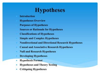 Hypotheses
 Introduction
 Hypotheses Overview
 Purposes of Hypotheses
 Sources or Rationale for Hypotheses
 Classifications of Hypotheses
 Simple and Complex Hypotheses
 Nondirectional and Directional Research Hypotheses
 Causal and Associative Research Hypotheses
 Null and Research Hypotheses
 Developing Hypotheses
 Hypothesis Format
 Hypotheses and Theory Testing
 Critiquing Hypotheses
 