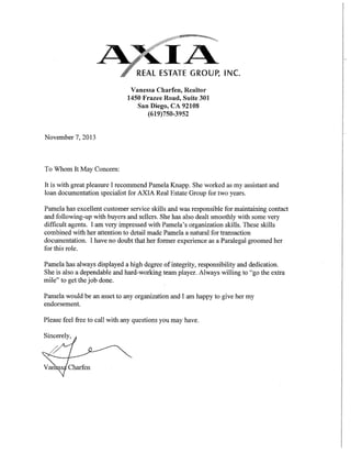 Axia Letter of Recommendation