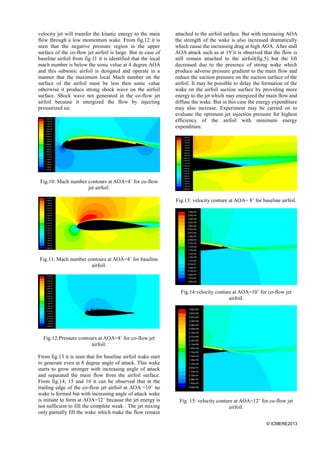 © ICMERE2013
velocity jet will transfer the kinetic energy to the main
flow through a low momentum wake. From fig,12 it is
seen that the negative pressure region in the upper
surface of the co-flow jet airfoil is large. But in case of
baseline airfoil from fig.11 it is identified that the local
mach number is below the sonic value at 4 degree AOA
and this subsonic airfoil is designed and operate in a
manner that the maximum local Mach number on the
surface of the airfoil must be less then sonic value
otherwise it produce strong shock wave on the airfoil
surface. Shock wave not generated in the co-flow jet
airfoil because it energized the flow by injecting
pressurized air.
Fig.10: Mach number contours at AOA=4˚ for co-flow
jet airfoil.
Fig.11: Mach number contours at AOA=4˚ for baseline
airfoil.
Fig.12:Pressure contours at AOA=4˚ for co-flow jet
airfoil.
From fig.13 it is seen that for baseline airfoil wake start
to generate even at 8 degree angle of attack. This wake
starts to grow stronger with increasing angle of attack
and separated the main flow from the airfoil surface.
From fig.14, 15 and 16 it can be observed that at the
trailing edge of the co-flow jet airfoil at AOA =10˚ no
wake is formed but with increasing angle of attack wake
is initiate to form at AOA=12˚ because the jet energy is
not sufficient to fill the complete weak . The jet mixing
only partially fill the wake which make the flow remain
attached to the airfoil surface. But with increasing AOA
the strength of the wake is also increased dramatically
which cause the increasing drag at high AOA. After stall
AOA attack such as at 19˚it is observed that the flow is
still remain attached to the airfoil(fig.5) but the lift
decreased due to the presence of strong wake which
produce adverse pressure gradient to the main flow and
reduce the suction pressure on the suction surface of the
airfoil. It may be possible to delay the formation of the
wake on the airfoil suction surface by providing more
energy to the jet which may energized the main flow and
diffuse the wake. But in this case the energy expenditure
may also increase. Experiment may be carried on to
evaluate the optimum jet injection pressure for highest
efficiency of the airfoil with minimum energy
expenditure.
Fig.13: velocity conture at AOA= 8˚ for baseline airfoil.
Fig.14:velocity conture at AOA=10˚ for co-flow jet
airfoil.
Fig. 15: velocity conture at AOA=12˚ for co-flow jet
airfoil.
 