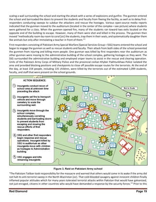 Red Diamond Page 19
scaling a wall surrounding the school and starting the attack with a series of explosions and gunfire. The gunmen entered
the school and barricaded the doors to prevent the students and faculty from fleeing the facility, as well as to delay first-
responders conducting sweeps to subdue the attackers and rescue the hostages. Various open-source media reports
indicated that the gunmen moved to the auditorium (located in the center of the complex—see picture) where students
were gathered for a class. When the gunmen opened fire, many of the students ran toward two exits located on the
opposite end of the building to escape. However, many of them were shot and killed in the process. The gunmen then
moved “methodically room-by-room to coral [sic] the students, trap them in their seats, and systematically slaughter them
like animals but only after immolating a teacher in front of them.”3
First responders consisting of Pakistani Army Special Warfare (Special Services Group—SSG) teams entered the school and
began to engage the gunmen as well as rescue students and faculty. Their attack from both sides of the school prevented
the gunmen from injuring and killing more people. One gunman was killed by first responders near the auditorium as
other gunmen were moving to the administrative building of the school complex, gathering hostages as they went. The
SSG surrounded the administrative building and employed sniper teams to assist in the rescue and clearing operation.
Units of the Pakistani Army Corps of Military Police and the provincial civilian Khyber Pakhtunkhwa Police isolated the
area and provided blocking positions and checkpoints to close off possible escape routes for the terrorists. At the end of
the day, at least 154 people, including 135 children, were killed by the terrorists out of the estimated 1,099 students,
faculty, and staff that were present on the school grounds.
Figure 3. Raid on Pakistani Army school
“The Pakistani Taliban took responsibility for the massacre and warned that others would come in its wake if the army did
not halt its anti-terrorist sweep in the North Waziristan [sic]. That cold-blooded savagery against innocent children finally
inflamed popular attitudes which for many years tolerated terrorist attacks within Pakistan that would have galvanized,
not just enraged, citizens in other countries who would have demanded a response by the security forces.”4
Prior to this
 
