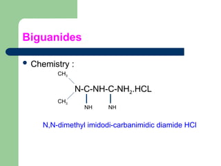 Biguanides
 Chemistry :
N-C-NH-C-NH2.HCL
CH3
CH3
NH NH
N,N-dimethyl imidodi-carbanimidic diamide HCl
 