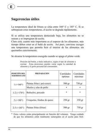 Sugerencias útiles
La temperatura ideal de fritura se sitúa entre 160 C y 185 C. Si se
sobrepasan estas temperaturas, el aceite se degrada rápidamente.
Si se utiliza una temperatura demasiado baja, los alimentos no se
soasan y se impregnan de aceite.
Claro está, cuanto más importante es el espesor de los alimentos, más
tiempo deben estar en el bañó de aceite. Así pues, conviene escoger
una temperatura que permita freír el interior de los alimentos sin
quemarlos exteriormente.
Se alcanza la temperatura escogida cuando se apaga el piloto verde.
Posición del botón, a título indicativo, según el tipo de alimento a
cocinar. Estas posiciones pueden variar según la cantidad de
alimento y el gusto personal del consumidor.
POSICIÓN DEL
TERMOSTATO
PREPARACIÓN Cantidades
óptimas
Cantidades
máximas
1 (=160) Patatas fritas ( pré-cozer) 500 gr 750 gr
Muslos y alas de pollo * *
1-2 (=170) Buñuelos, pescado * *
2 (=180) Croquetas, fondue de queso 250 gr 350 gr
2-3 (=185) Patatas fritas (fritar) 500 gr 750 gr
* Estos valores están principalmente en función del volumen. Tenga cuidado
de que los alimentos estén totalmente sumergidos en el aceite para freír.
46
E
 