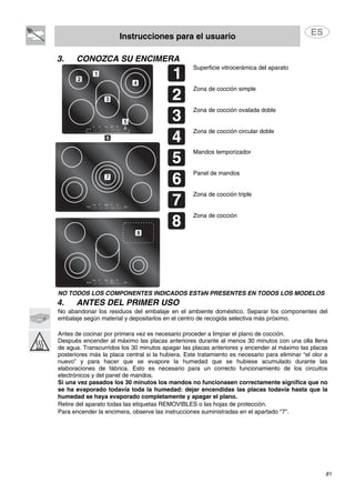 Instrucciones para el usuario
81
3. CONOZCA SU ENCIMERA
Superficie vitrocerámica del aparato
Zona de cocción simple
Zona de cocción ovalada doble
Zona de cocción circular doble
Mandos temporizador
Panel de mandos
Zona de cocción triple
Zona de cocción
NO TODOS LOS COMPONENTES INDICADOS ESTáN PRESENTES EN TODOS LOS MODELOS
4. ANTES DEL PRIMER USO
No abandonar los residuos del embalaje en el ambiente doméstico. Separar los componentes del
embalaje según material y depositarlos en el centro de recogida selectiva más próximo.
Antes de cocinar por primera vez es necesario proceder a limpiar el plano de cocción.
Después encender al máximo las placas anteriores durante al menos 30 minutos con una olla llena
de agua. Transcurridos los 30 minutos apagar las placas anteriores y encender al máximo las placas
posteriores más la placa central si la hubiera. Este tratamiento es necesario para eliminar “el olor a
nuevo” y para hacer que se evapore la humedad que se hubiese acumulado durante las
elaboraciones de fábrica. Esto es necesario para un correcto funcionamiento de los circuitos
electrónicos y del panel de mandos.
Si una vez pasados los 30 minutos los mandos no funcionasen correctamente significa que no
se ha evaporado todavía toda la humedad: dejar encendidas las placas todavía hasta que la
humedad se haya evaporado completamente y apagar el plano.
Retire del aparato todas las etiquetas REMOVIBLES o las hojas de protección.
Para encender la encimera, observe las instrucciones suministradas en el apartado "7".
 
