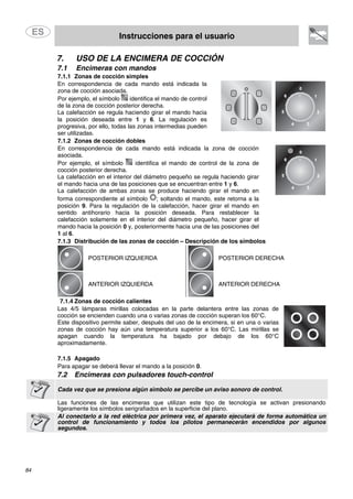 Instrucciones para el usuario
84
7. USO DE LA ENCIMERA DE COCCIÓN
7.1 Encimeras con mandos
7.1.1 Zonas de cocción simples
En correspondencia de cada mando está indicada la
zona de cocción asociada.
Por ejemplo, el símbolo identifica el mando de control
de la zona de cocción posterior derecha.
La calefacción se regula haciendo girar el mando hacia
la posición deseada entre 1 y 6. La regulación es
progresiva, por ello, todas las zonas intermedias pueden
ser utilizadas.
7.1.2 Zonas de cocción dobles
En correspondencia de cada mando está indicada la zona de cocción
asociada.
Por ejemplo, el símbolo identifica el mando de control de la zona de
cocción posterior derecha.
La calefacción en el interior del diámetro pequeño se regula haciendo girar
el mando hacia una de las posiciones que se encuentran entre 1 y 6.
La calefacción de ambas zonas se produce haciendo girar el mando en
forma correspondiente al símbolo ; soltando el mando, este retorna a la
posición 9. Para la regulación de la calefacción, hacer girar el mando en
sentido antihorario hacia la posición deseada. Para restablecer la
calefacción solamente en el interior del diámetro pequeño, hacer girar el
mando hacia la posición 0 y, posteriormente hacia una de las posiciones del
1 al 6.
7.1.3 Distribución de las zonas de cocción – Descripción de los símbolos
POSTERIOR IZQUIERDA POSTERIOR DERECHA
ANTERIOR IZQUIERDA ANTERIOR DERECHA
7.1.4 Zonas de cocción calientes
Las 4/5 lámparas mirillas colocadas en la parte delantera entre las zonas de
cocción se encienden cuando una o varias zonas de cocción superan los 60°C.
Este dispositivo permite saber, después del uso de la encimera, si en una o varias
zonas de cocción hay aún una temperatura superior a los 60°C. Las mirillas se
apagan cuando la temperatura ha bajado por debajo de los 60°C
aproximadamente.
7.1.5 Apagado
Para apagar se deberá llevar el mando a la posición 0.
7.2 Encimeras con pulsadores touch-control
Cada vez que se presiona algún símbolo se percibe un aviso sonoro de control.
Las funciones de las encimeras que utilizan este tipo de tecnología se activan presionando
ligeramente los símbolos serigrafiados en la superficie del plano.
Al conectarlo a la red eléctrica por primera vez, el aparato ejecutará de forma automática un
control de funcionamiento y todos los pilotos permanecerán encendidos por algunos
segundos.
 