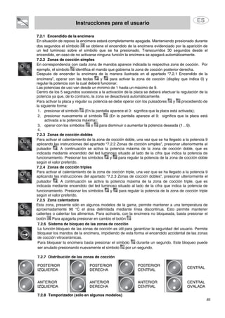 Instrucciones para el usuario
85
7.2.1 Encendido de la encimera
En situación de reposo la encimera estará completamente apagada. Manteniendo presionado durante
dos segundos el símbolo se obtiene el encendido de la encimera evidenciado por la aparición de
un led luminoso sobre el símbolo que se ha presionado. Transcurridos 30 segundos desde el
encendido, en caso de no activarse ninguna función la encimera se apagará automáticamente.
7.2.2 Zonas de cocción simples
En correspondencia con cada zona de mandos aparece indicada la respectiva zona de cocción. Por
ejemplo, el símbolo identifica el mando que gobierna la zona de cocción posterior derecha.
Después de encender la encimera de la manera ilustrada en el apartado “7.2.1 Encendido de la
encimera”, operar con las teclas y para activar la zona de cocción (display que indica 0) y
regular la potencia con la cual deberá funcionar.
Las potencias de uso van desde un mínimo de 1 hasta un máximo de 9.
Dentro de los 5 segundos sucesivos a la activación de la placa se deberá efectuar la regulación de la
potencia ya que, de lo contrario, la zona se desactivará automáticamente.
Para activar la placa y regular su potencia se debe operar con los pulsadores y procediendo de
la siguiente forma:
1. presionar el símbolo (En la pantalla aparece el 0: significa que la placa está activada);
2. presionar nuevamente el símbolo (En la pantalla aparece el 9: significa que la placa está
activada a la potencia máxima);
3. operar con los símbolos o para disminuir o aumentar la potencia deseada (1…9).
4.
7.2.3 Zonas de cocción dobles
Para activar el calentamiento de la zona de cocción doble, una vez que se ha llegado a la potencia 9
aplicando las instrucciones del apartado “7.2.2 Zonas de cocción simples”, presionar ulteriormente el
pulsador . A continuación se activa la potencia máxima de la zona de cocción doble, que es
indicada mediante encendido del led luminoso situado al lado de la cifra que indica la potencia de
funcionamiento. Presionar los símbolos y para regular la potencia de la zona de cocción doble
según el valor preferido.
7.2.4 Zonas de cocción triples
Para activar el calentamiento de la zona de cocción triple, una vez que se ha llegado a la potencia 9
aplicando las instrucciones del apartado “7.2.3 Zonas de cocción dobles”, presionar ulteriormente el
pulsador . A continuación se activa la potencia máxima de la zona de cocción triple, que es
indicada mediante encendido del led luminoso situado al lado de la cifra que indica la potencia de
funcionamiento. Presionar los símbolos y para regular la potencia de la zona de cocción triple
según el valor preferido.
7.2.5 Zona calentadora
Esta zona, presente sólo en algunos modelos de la gama, permite mantener a una temperatura de
aproximadamente 90 °C el área delimitada mediante línea discontinua. Esto permite mantener
calientes o calentar los alimentos. Para activarla, con la encimera no bloqueada, basta presionar el
botón Para apagarla presionar en cambio el botón
7.2.6 Sistema de bloqueo de las zonas de cocción
La función bloqueo de las zonas de cocción es útil para garantizar la seguridad del usuario. Permite
bloquear los mandos de la encimera, impidiendo de esta forma el encendido accidental de las zonas
de cocción vitrocerámicas.
Para bloquear la encimera basta presionar el símbolo durante un segundo. Este bloqueo puede
ser anulado presionando nuevamente el símbolo por un segundo.
7.2.7 Distribución de las zonas de cocción
POSTERIOR
CENTRAL
POSTERIOR
IZQUIERDA
POSTERIOR
DERECHA
CENTRAL
ANTERIOR
CENTRAL
ANTERIOR
IZQUIERDA
ANTERIOR
DERECHA
CENTRAL
OVALADA
7.2.8 Temporizador (sólo en algunos modelos)
 