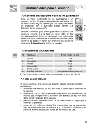 Instrucciones para el usuario
57
7.2 Consejos prácticos para el uso de los quemadores
Para un mejor rendimiento de los quemadores y un
consumo mínimo de gas es necesario usar recipientes con
un fondo llano y regular, que tengan una tapa y que estén
en proporción con el quemador (véase párrafo “7.3
Diámetro de los recipientes”).
Durante la cocción, para evitar quemaduras o daños a la
encimera superior o a la tapa de vidrio (Sólo en los
modelos previstos), todos los recipientes o las bistequeras
tienen que estar colocadas en el interior del perímetro de la
encimera de cocción y tienen que mantener una distancia
mínima de 3-4 centímetros desde los mandos.
7.3 Diámetro de los recipientes
(*) Quemador Ø mín. y máx. (en cm)
1 Auxiliar 12-14
2 Semirápido 16-20
3 Rápido 22-26
4 Ultrarrápido 22-26
5 Doble corona 12-34
6 Placa de pescado Recipientes ovales apropiados
(*) Para la disposición numérica de los quemadores en el plano, ver pág. 55.
7.4 Uso de una plancha
Si se desea utilizar una plancha se deberán adoptar algunas medidas
particulares:
• mantener una distancia de 160 mm entre la pared lateral y el borde de
la plancha;
• en caso de que uno de los quemadores próximos a la pared trasera de
madera sea un triple corona, mantener una distancia de 160 mm entre
dicha pared y el borde de la plancha;
• prestar atención a que las llamas de los quemadores no salgan por el
borde de la plancha;
• encender con potencia máxima los quemadores que se encuentran
bajo la plancha durante 10 minutos y a continuación disponerlos en
potencia mínima. No superar nunca los 45 minutos de uso.
 
