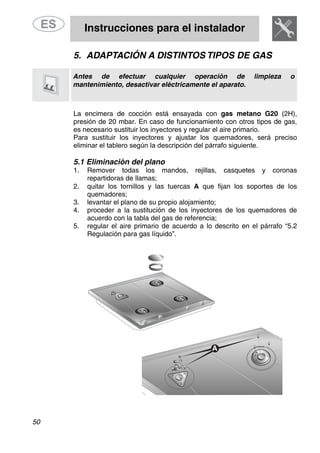Instrucciones para el instalador
50
5. ADAPTACIÓN A DISTINTOS TIPOS DE GAS
Antes de efectuar cualquier operación de limpieza o
mantenimiento, desactivar eléctricamente el aparato.
La encimera de cocción está ensayada con gas metano G20 (2H),
presión de 20 mbar. En caso de funcionamiento con otros tipos de gas,
es necesario sustituir los inyectores y regular el aire primario.
Para sustituir los inyectores y ajustar los quemadores, será preciso
eliminar el tablero según la descripción del párrafo siguiente.
5.1 Eliminación del plano
1. Remover todas los mandos, rejillas, casquetes y coronas
repartidoras de llamas;
2. quitar los tornillos y las tuercas A que fijan los soportes de los
quemadores;
3. levantar el plano de su propio alojamiento;
4. proceder a la sustitución de los inyectores de los quemadores de
acuerdo con la tabla del gas de referencia;
5. regular el aire primario de acuerdo a lo descrito en el párrafo “5.2
Regulación para gas líquido”.
 