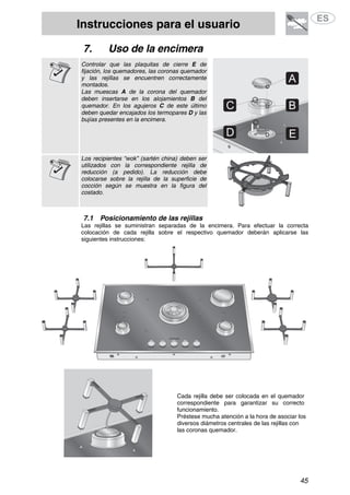 Instrucciones para el usuario
45
7. Uso de la encimera
Controlar que las plaquitas de cierre E de
fijación, los quemadores, las coronas quemador
y las rejillas se encuentren correctamente
montados.
Las muescas A de la corona del quemador
deben insertarse en los alojamientos B del
quemador. En los agujeros C de este último
deben quedar encajados los termopares D y las
bujías presentes en la encimera.
Los recipientes “wok” (sartén china) deben ser
utilizados con la correspondiente rejilla de
reducción (a pedido). La reducción debe
colocarse sobre la rejilla de la superficie de
cocción según se muestra en la figura del
costado.
7.1 Posicionamiento de las rejillas
Las rejillas se suministran separadas de la encimera. Para efectuar la correcta
colocación de cada rejilla sobre el respectivo quemador deberán aplicarse las
siguientes instrucciones:
Cada rejilla debe ser colocada en el quemador
correspondiente para garantizar su correcto
funcionamiento.
Préstese mucha atención a la hora de asociar los
diversos diámetros centrales de las rejillas con
las coronas quemador.
 